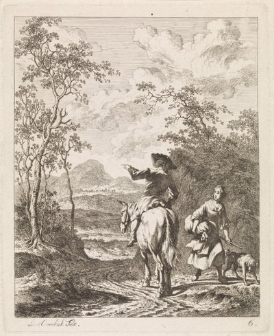 Rytter ber om veibeskrivelse til en jente med en hund Landskap med figurer (serietittel) av Leendert Overbeek
