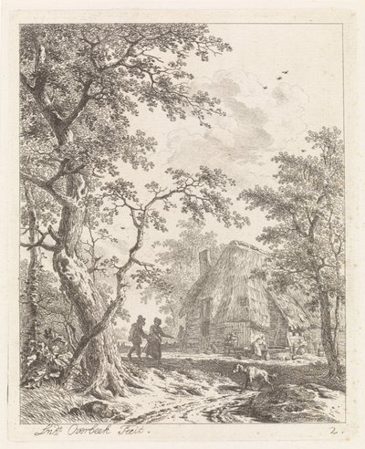 To turgåere på en gård Landskap med figurer (serietittel) av Leendert Overbeek