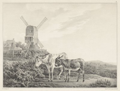 To esler i et landskap nær en mølle Seks steintegninger av L. de Koningh (serietittel) av Leendert de Koningh