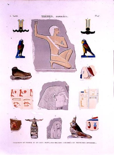 Illustrasjoner av malte relieffer på stein og trefragmenter Hypogees, Theben plate 47 fra Vol II av `Descriptions of Egypt`, gravert av LeRoy av Lenoir (after)