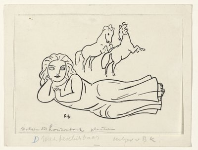 Tilbakelent kvinne med to hester av Leo Gestel (signed by artist)