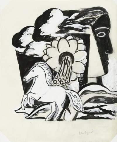 Oppdrett av hest, blomst og hode (skisse) av Leo Gestel (signed by artist)