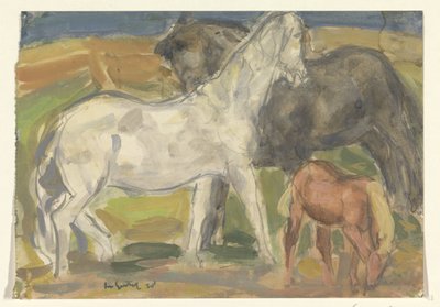 To hester og et føll i et landskap av Leo Gestel (signed by artist)