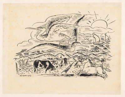 To fugler flyr over et landskap med storfe av Leo Gestel (signed by artist)