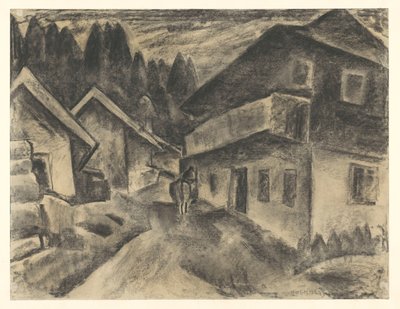 Landsbyutsikt med mann med ku på landsbyveien av Leo Gestel