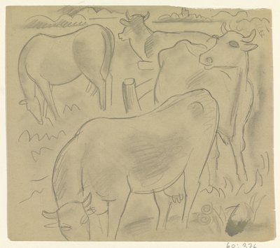 Tre kyr og en hest på enga av Leo Gestel