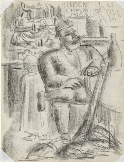Jeger sitter ved kafébordet, i svart kritt Uten tittel av Leo Gestel