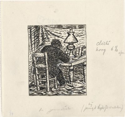Mannen skriver ved et bord av Leo Gestel