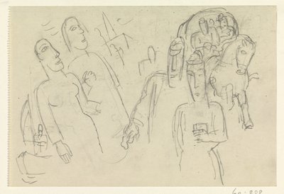 Folk på gata og en hest med vogn av Leo Gestel