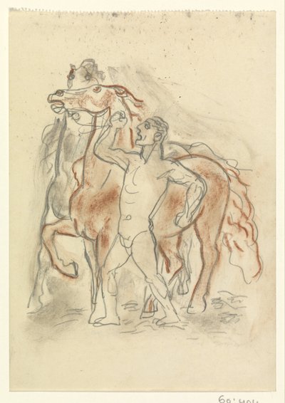 Naken mann holder to hester i sjakk av Leo Gestel