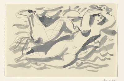 Naken kvinne og hest i havet av Leo Gestel