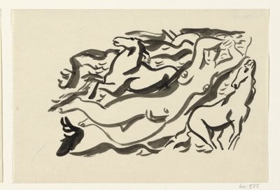 Naken kvinne og to hester i sjøen av Leo Gestel