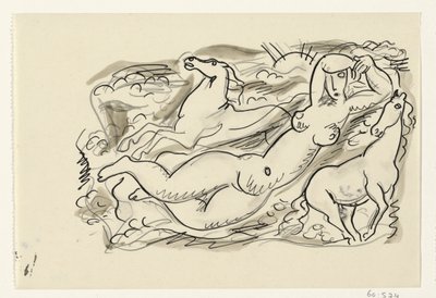 Naken kvinne og to hester i sjøen av Leo Gestel