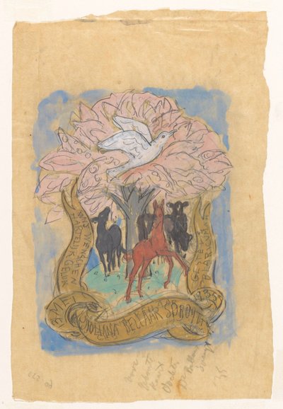 Designtegning for en gratulasjon med fødselen til Juliana Bellaar Spruyt av Leo Gestel