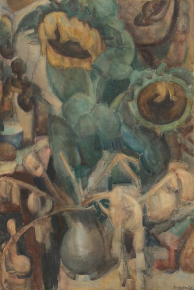 Stilleben med solsikker i en vase av Leo Gestel