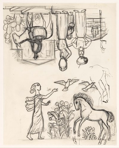 Studieark med to kvinner med mugger på hodet, en mann på et esel og en kvinne som slipper fugler fra et føll av Leo Gestel
