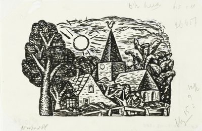 Vignette for Gestels biografi av prof. W. van der Pluym Uten tittel (Landsbyutsikt med kirke og sol, vignett til Gestels biografi av prof. W. van der Pluym) av Leo Gestel