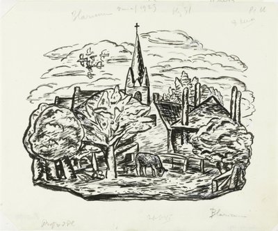 Vignette for Gestels biografi av prof. W. van der Pluym Uten tittel (Utsikt over landsbyen Blaricum med beitende ku) av Leo Gestel