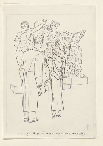 Kvinne og mann foran tre statuer av Leo Gestel