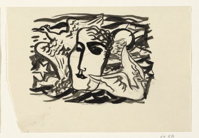 Kvinnehode og måker med havet i bakgrunnen av Leo Gestel