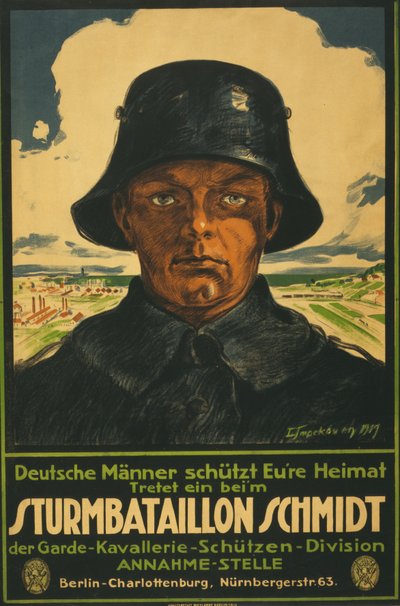 Overfallsbataljon Schmidt; Tyske menn rister hjemlandet ditt! 1919 (fargelitografi) av Leo Impekoven
