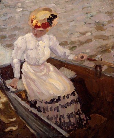 En elegant dame i en robåt (olje på lerret) av Leo Putz
