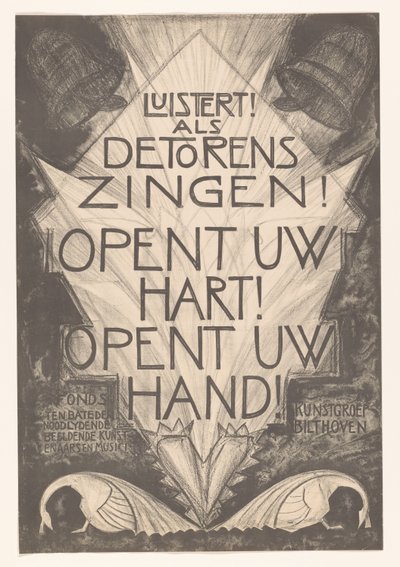 Plakat for nødstedte artister og musikere lytter! Når tårnene synger! Åpne hjertet ditt! Åpne hånden! (tittel på objekt) av Leo Visser
