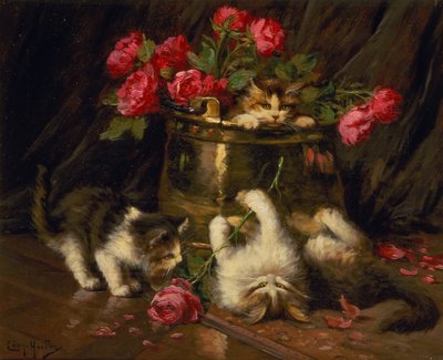 Lekne kattunger (olje på lerret) av Leon Charles Huber