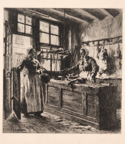 Interiør i en slakterbutikk. av Leon Augustin Lhermitte