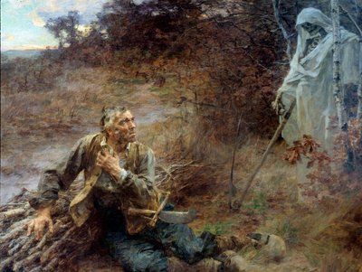 Døden og tremannen Illustrasjon til fabelen av Jean de La Fontaine (1621-1695) Maleri av Leon Augustin Lhermitte (1844-1925) 1893, 2,06 x 2,42 m Chateau Thierry, musee La Fontaine - Døden og loggeren. Illustrasjon til fabelen til Jean de La av Leon Augustin Lhermitte