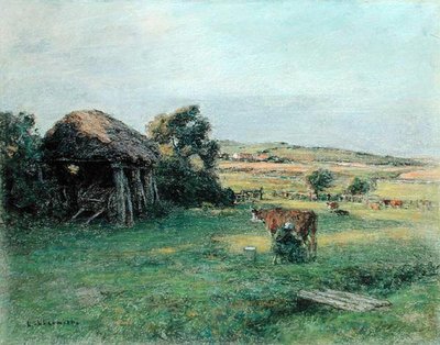 Landskap med en bondekvinne som melker en ku, midten av 1880-tallet (olje på lerret) av Leon Augustin Lhermitte