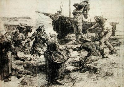 Sortering av fangsten (kull på papir) av Leon Augustin Lhermitte