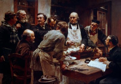 Disseksjonskurset til legen Claude Bernard (1813-1878) (med forkle) i nærvær av hans elever Paul Bert (1833-1886) og Arsonvals maleri av Arsene (1851-1940) av Leon Augustin Lhermitte (1844-1925) 19. århundre Paris, Vitenskapsakademiet av Leon Augustin Lhermitte