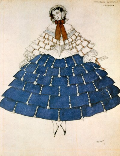 Chiarina, design for et kostyme for balletten Carnival komponert av Robert Schumann, 1919. av Leon Bakst