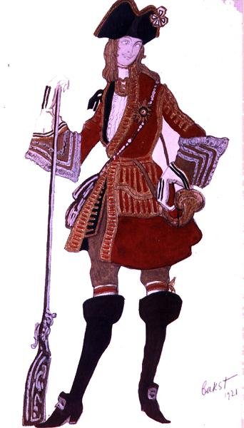 Kostymedesign for Prince Charming Hunting, fra Sleeping Beauty av Leon Bakst