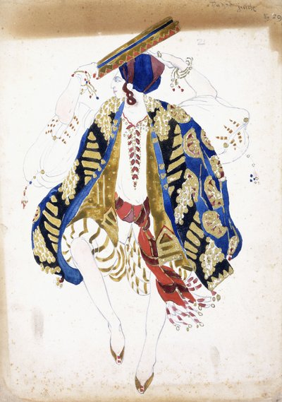 Kostymedesign for en mannlig danser i "Danse Juive", iført truse og turban, spiller en tamburin, av Leon Bakst