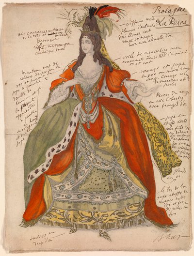 Dronningens forberedende kostyme, til balletten ""La belle au bois dormant"" av Piotr Tchaikovsky (1840-1893) (Kostumedesign for balletten Sleeping Beauty av P Tchaikovsky) - Verk av Leon Bakst (1866-1924), blyant og akvarell på papir (33x25 cm) av Leon Bakst