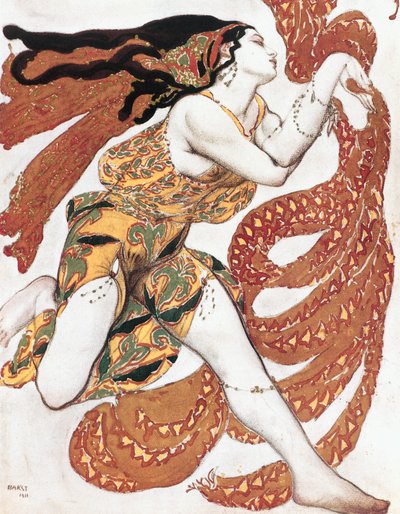 Kostymeskisse for en bacchante, fra balletten «Narcissus», mytologisk dikt med musikk av N (akvarell, gouache, blyant, gull, sølv på papir) av Leon Bakst