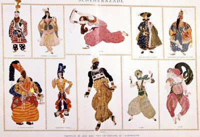 Kostymer for "" Sacheherazade "" (Seherazade). B. Nicholas (Nikolai) Rimsky Kroskov (Rimsky-Kroskov) (1844-1906), regisserte B. Leo-boks. av Leon Bakst