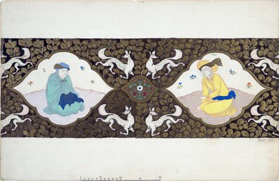 Forberedende dekor til balletten ""Ishtar"" av Bohuslav Martinu (1890-1959). (Scenedesign for balletten Istar av B. Martinu). To karakterer kledd i det orientalske, i en dekor av løv og dyr. Verk av Leon Bakst (1866-1924), akvarell og av Leon Bakst