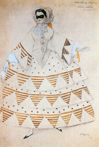 Edel vals, kostymeskisse til balletten «Karnaval» med musikk av Robert Schumann (akvarell, fargestift og lakk på papir) av Leon Bakst