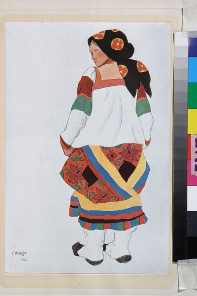 Paysanne, costume pour le vaudeville Vieux Moscou, au theatre Femina, Paris (France) - Oeuvre de Leon Bakst (1866-1924), lithographie 1922 - (Peasant woman, Costume design for the Vaudeville Old Moscow, at the Theatre Femina in Paris, by Leon Bakst (1866-1 av Leon Bakst
