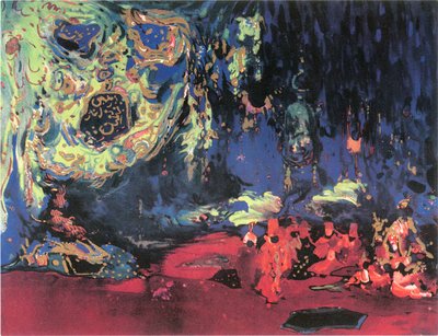 Skisse av settingen for Rimski-Korsakovs ballett «Sjeherezade» (akvarell, blyant og gull på papir) av Leon Bakst