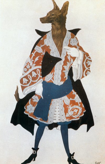 Ulven, kostymeskisse til Tsjaikowskis ballett «La Belle au bois dormante» (akvarell, gouache og gull på papir) av Leon Bakst