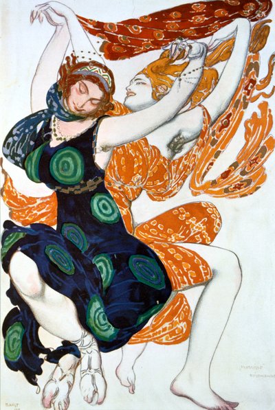 Two Bacchantes, kostymedesign for en Ballets Russes-produksjon av Tcherepnins Narcisse, 1911 av Leon Bakst