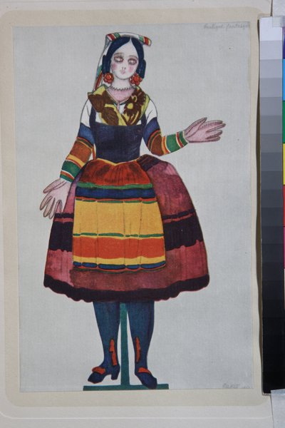 den italienske dukken, kostyme til balletten "La Boutique Fantasque" regissert av Gioachino Rossini av Leon Bakst