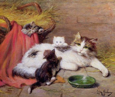Katt med kattunger, 1924 av Leon Charles Huber