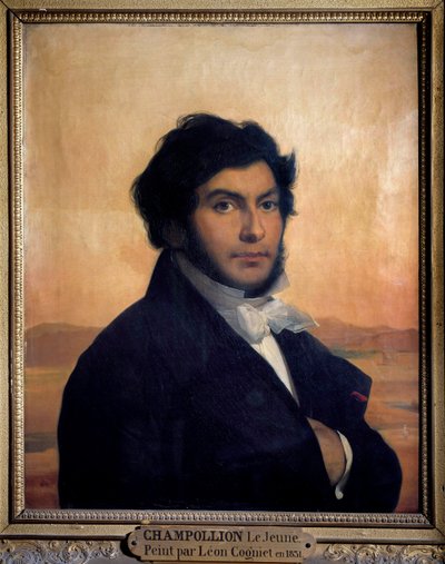 Portrett av Jean-Francois (Jean Francois) Champollion (1790-1832), fransk egyptolog, dechiffrerer av hieroglyfer. Maleri av Leon av Léon Cogniet