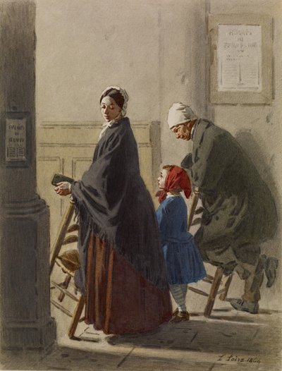 Mann, kvinne og jente ved bønn i kirken, 1864 (wc og grafitt på papir) av Leon Henri Antoine Loire