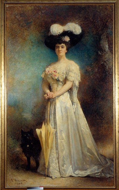 Portrait en pied de madame Maurice Pascal et son chien Tiny Painting av Leon Joseph Bonnat (1833-1922) 1905 Søn. 2,17x0,9 m Pau, musee des Beaux Arts - Portrett i full lengde av Madame Maurice Pascal og hunden hennes, Tiny. Maleri av Leon Joseph Bonnat (18 av Leon Joseph Florentin Bonnat